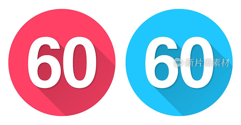 60号- 60号。圆形图标与长阴影在红色或蓝色的背景